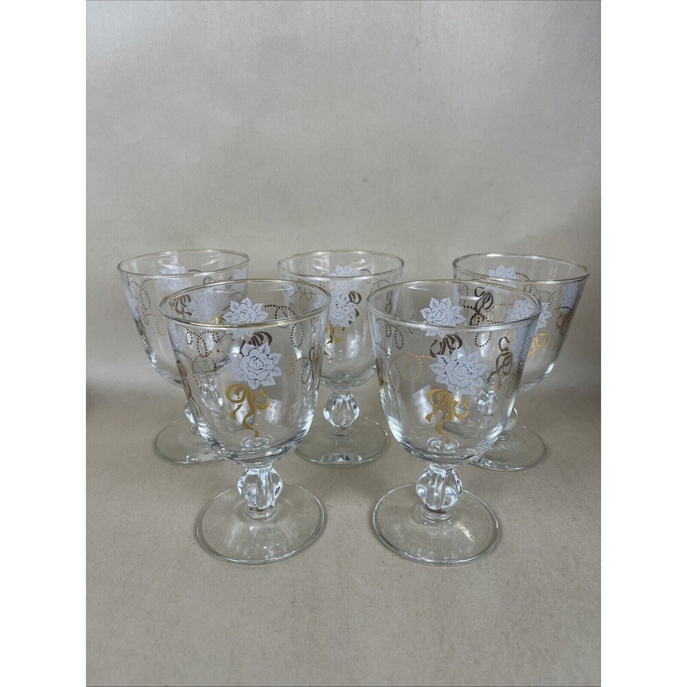 Set of 5 Linnet Goblet Gold Bow &‎ Rim Frosted Flowers Bubble Stem Base 5.5"